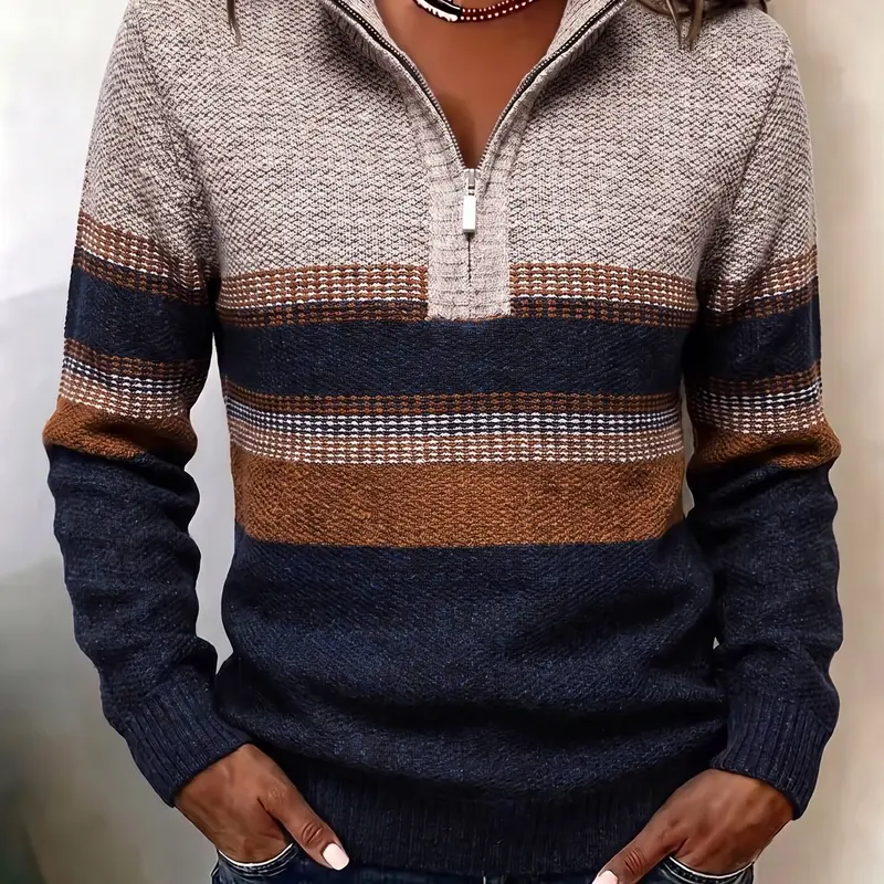 Women’s striped half-zip knit sweater, a soft long-sleeve pullover with a stand collar and modern color-blocked stripes, suitable for casual wear, commuting, and everyday outfits in autumn and winter.