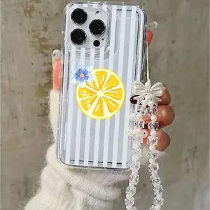 Lemon Slice Blue Flower Phone Case with Crystal Beaded Strap Shockproof Wear-resistant Bow Charm for iPhone11-17promax IPhone11/12/13/14/15/ Promax16/16Promax/16pro/16plus