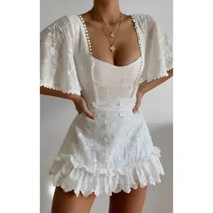 Fancy A Spritz Mini Dress - Square Neck Dress in White Embroidery