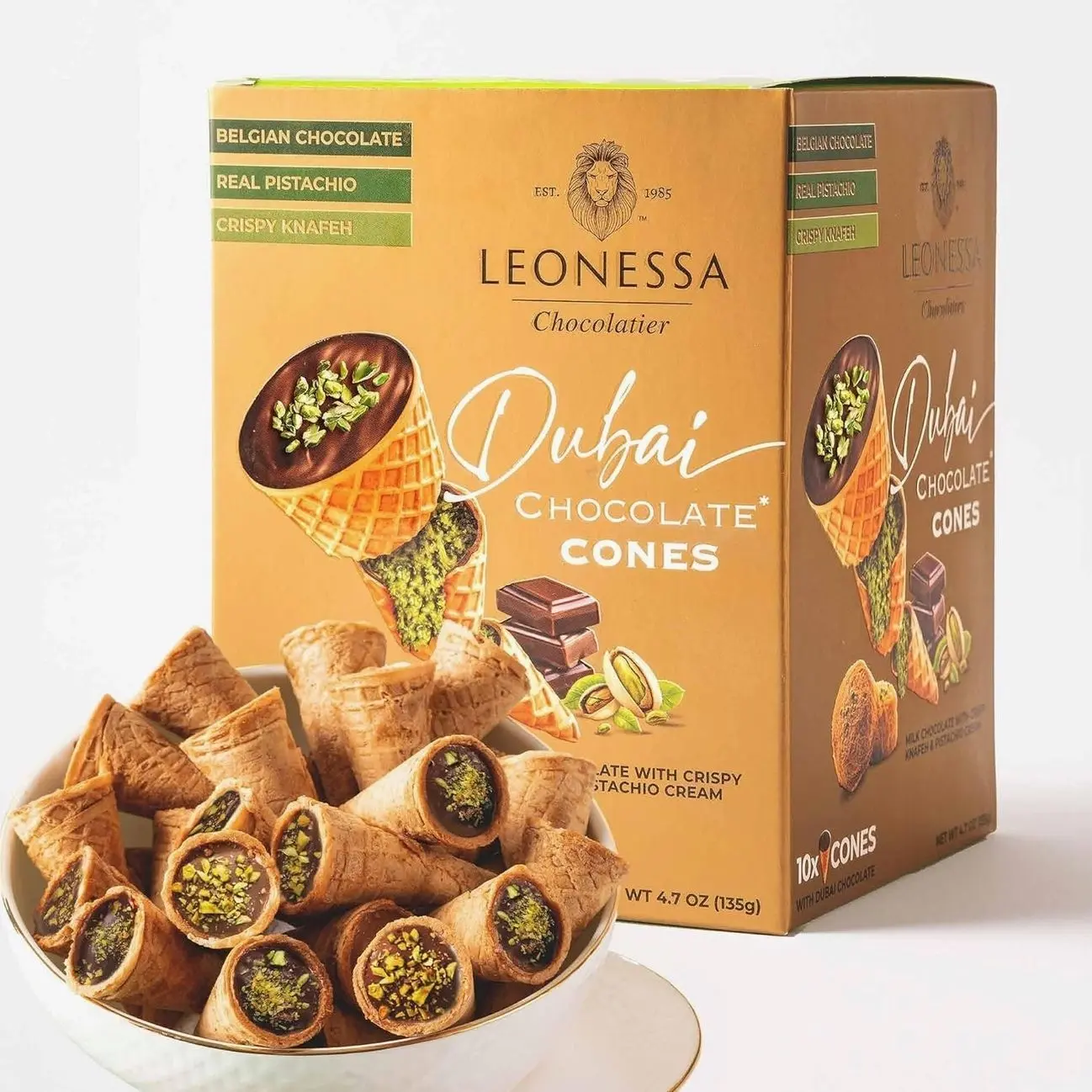Leonessa Dubai Chocolate Cones with Pistachio Kunafa | Made with Premium Belgian Chocolates | Kunafa Chocolate | Chocolates de Dubai - 4.7 oz