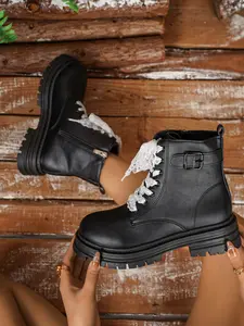 British Style Lace-Up Boots for Women, Vintage Buckle Motorcycle Boots, Slimming and Height-Increasing Short Boots, Versatile Fashion Footwear