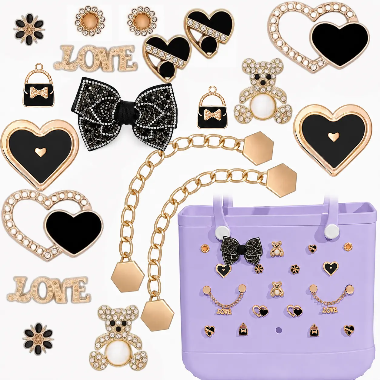 19-Piece Bogg Bag Charm Set with Letters, Black Heart, Butterfly, Rhinestone Bow, Flower & Bear Charms and Bling Chains - Decorative Inserts for Rubber Beach Tote Bags, Thoughtful Mother’s Day Gift, Thoughtful Gift, Plastic