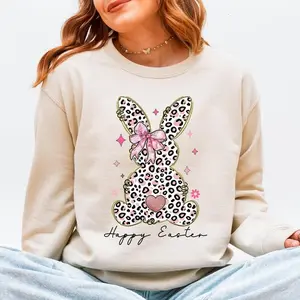 Happy Easter Leopard Bunny Sweatshirt/Hoodie/T-Shirt, Cute Pink Bow Bunny Graphic Hoodie, Easter Day Vintage T-Shirt for Women and Men