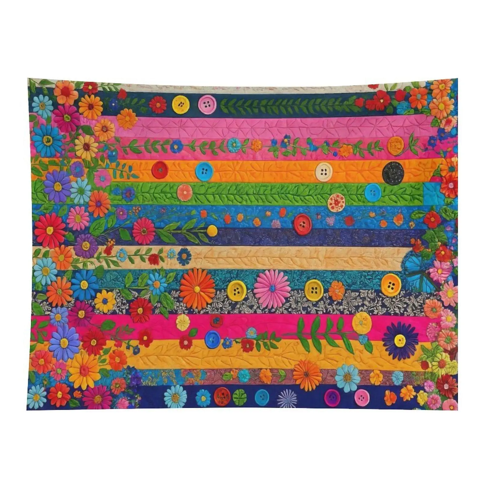 Rainbow Striped Patchwork Daisy Button Floral Folk Art Wall Tapestry Wall Hanging, Colorful Maximalist Cottagecore Flower Decor for Living Room Kids Bedroom Dorm Wall Ornament
