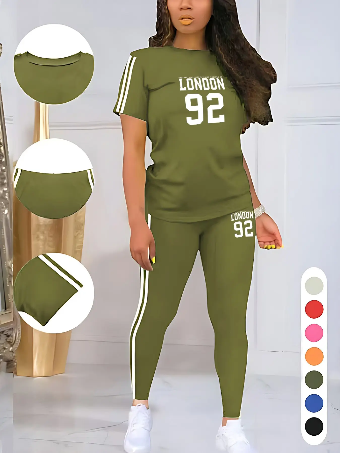 Women's Casual Letter Print Sporty Round Neck Drawstring Short Sleeve Top and Long Pants Two-Piece Set, Fitted Style, Summer Lounge Tracksuit, Letter Print Sweatsuit, Letter Print Sportswear, Casual Sportswear Outfit, Sports Wear Set