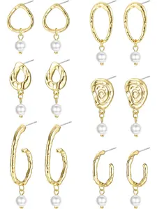 6 Pairs Golden Unique Irregular Statement Earrings Set for Women Men Premium Lightweight Stainless Steel Alloy Luxurious Artistic Irregular Silhouette Design Charming Faux Pearl Drop Dangle Classic Stud Earring Styles Eye-catching Statement Look