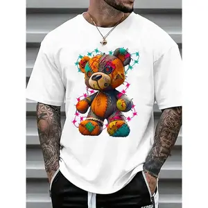 Men's Cartoon Bear Print Round Neck Tee, Regular Fit Casual Fashion Short Sleeve T-shirt for Summer, Men's Top for Daily Wear