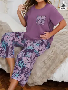 Women's Plus Size Knitted Pajamas Floral Print Short Sleeve Top and Seven-Quarter Pants Sleepwear Set Loungewear Casual Pajama Sets Casual Wearable