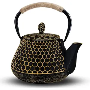 Cast Iron Tea Pot Honeycomb Pattern Tea Kettle with Tea Leaf Infuser, Stovetop with Enameled Interior, Suitable for Brewing Loose Leaf Tea (Gold)