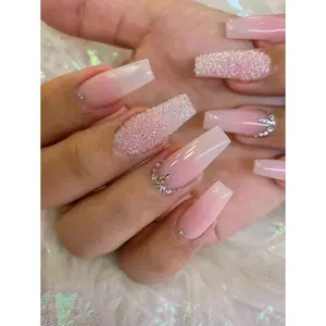 24pcs Long Coffin Shaped Ballet Style Gradient Sparkly Rhinestone Nail Tips Set With 1pc Nail File And 1pc Jelly Glue Press On Nails Nail Supplies