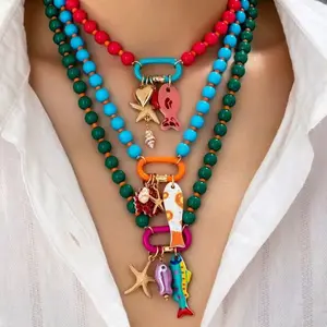 Dopamine-colored multi-element pendant necklace, a popular summer beach fashion item for women