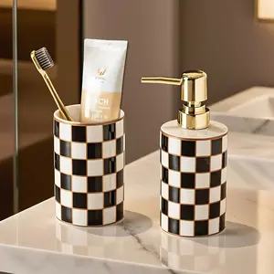 Modern Black White Ceramic Toothbrush Holder Grid Bathroom Vanity Organizer for Countertop Storage Decorative Shower Bathroom Essentials