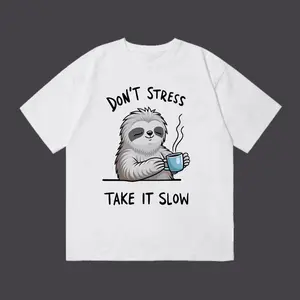 Vintage Funny Don't Stress Take It Slow Sloth Coffee Oversized Graphic Tee