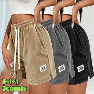 Women's Summer Corduroy Hot Pants, Elegant Casual Style, Lightweight Breathable, Elastic Drawstring Waist with Back Pockets, Great for Office, Dating, Beach, Travel, Outdoor & Everyday Wear