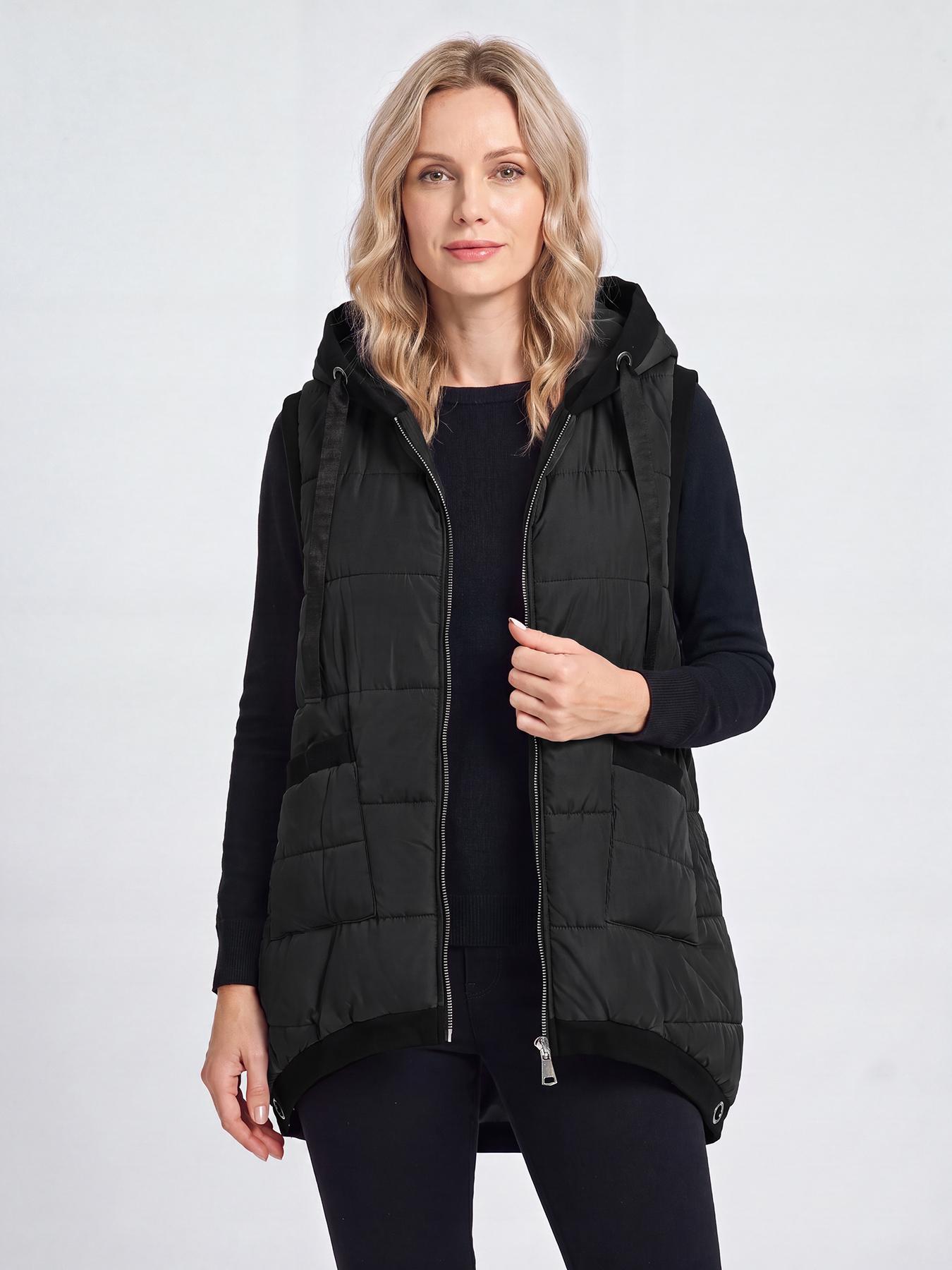 Aswulk Women Hooded Quilted Padded Vest, Thick Zip Up Sleeveless Jacket With Big Pockets, Front Short Back Long Casual Layering Gilet