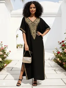 EDOLYNSA Kaftan Dresses for Women embroidery caftan Women's robe beach dress loose lounge wear casual Homewear comfortable daily wear vacation outfits Boho Casual Modest Modesty Kaftan Q1761