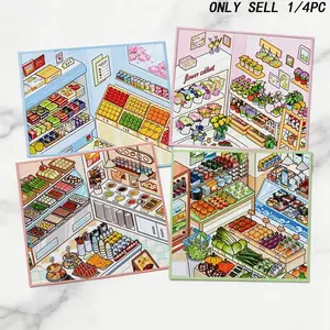 4 Pack Miniature Scene Sticker Set, Kawaii Grocery Flower Fruit Store for DIY Scrapbook Diary, New Shelf Series, Scenes Decorative Stickers, Sticker Sheets