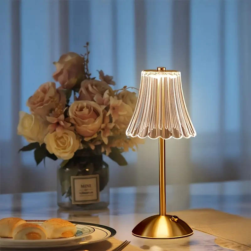 Vintage Gold Metal LED-Powered Table Lamp - 1 Piece, 2600mAh Battery, Rechargeable Cordless, Crystal Shade, Touch Dimmable, 360° Even Lighting, Shatterproof, Emergency Ready, Bases & Shades, Bedroom Lamps for Desk Decor