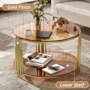[SOIYELIFE] Modern Brown Glass CoffeeTable, Asymmetrical Metal, Circular Metal Drum Base, Gold Finish & Lower Shelf