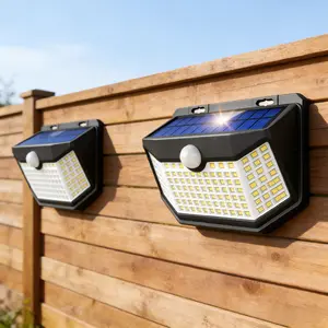 ISUNMEA Solar Lights Outdoor 120 LED with 3 Lighting Modes, Motion Sensor Wall Lights,IP65 Waterproof Solar Powered for Garden Patio Yard (Back Button 2Packs, Black Shell-Daylight