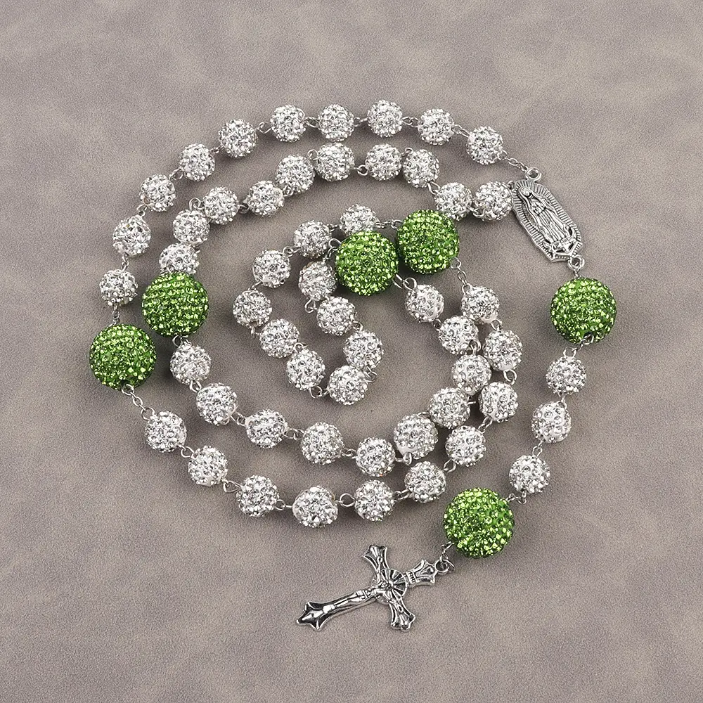 Prayer bead necklace with green and whit