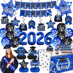Blue Graduation Decorations 2026 Class of 2026 Decorations - Includes 32 Inch 2026 Balloons, Congrats Grad Banner, Tablecloth, Sash, Honeycomb Centerpieces - High School College Grad Party Supplies
