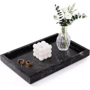 Marble bathroom tray, suitable for countertops and home decor, natural decorative marble tray for jewelry and perfume storage, luxurious stone vanity tray, suitable for vanities and kitchen countertops, 12" x 8", gray-black