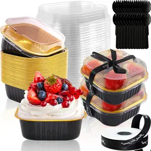 5oz Mini Cake Pans With  50 Pack  Foil Square Brownie Baking Cups,Disposable Loaf Pans With  and Spoons Ribbon,Cupcake Pans Muffin Cake Tins Cake Container(Black)
