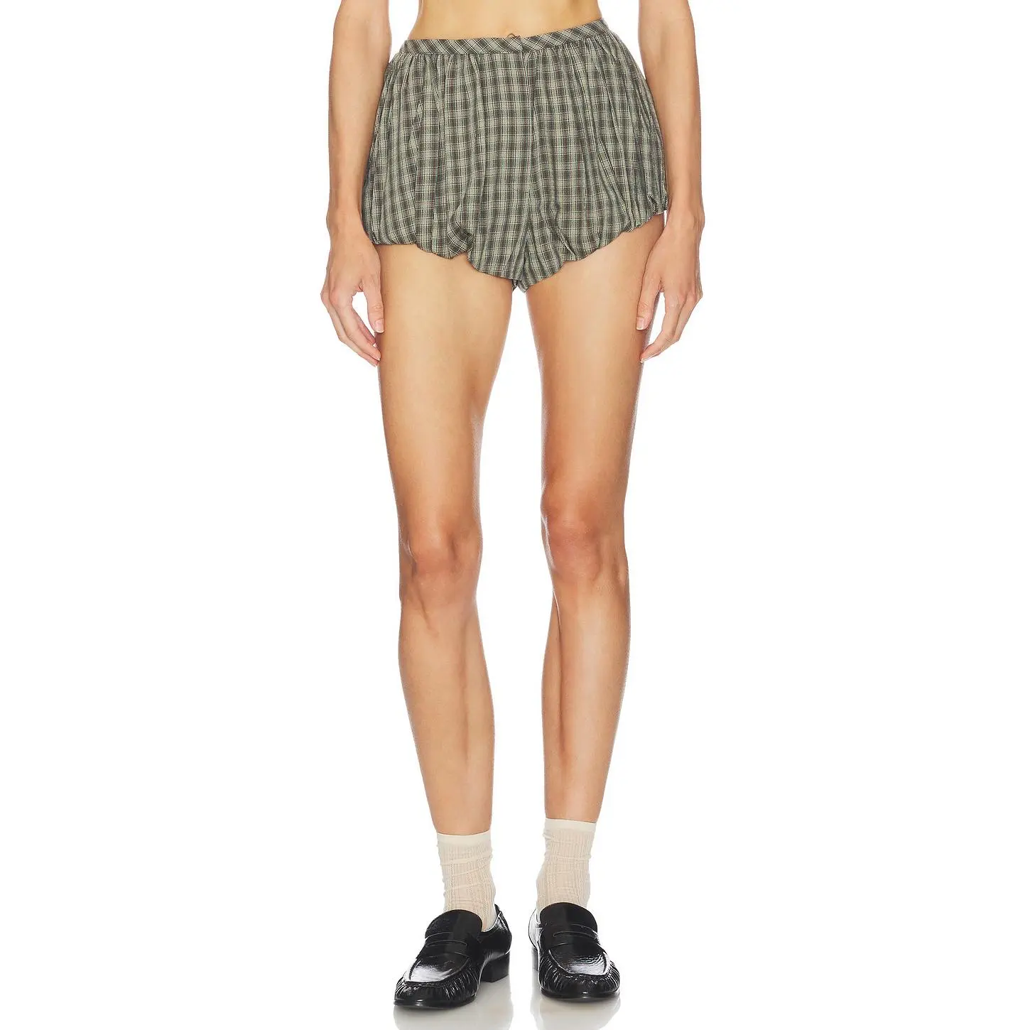 Helsa Novelty Puff Shorts in Green & Brown Plaid