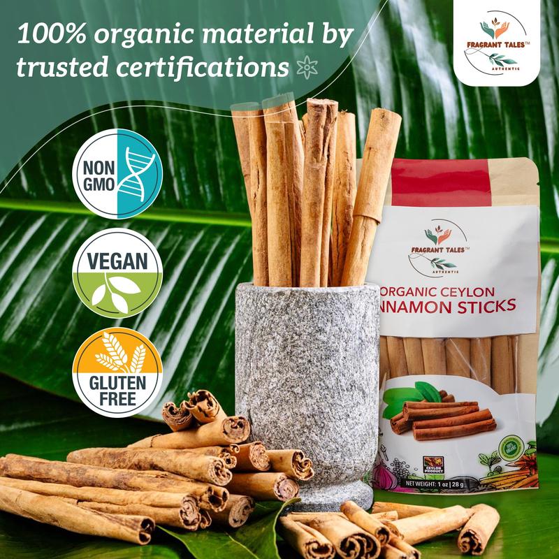 Premium Organic Ceylon Cinnamon Sticks - 1 oz (28g) 5–7 sticks, 4 inches each, True Ceylon, USDA Certified, Non-GMO, Gluten-Free, Pure Sri Lankan Cinnamon for Cooking & Baking