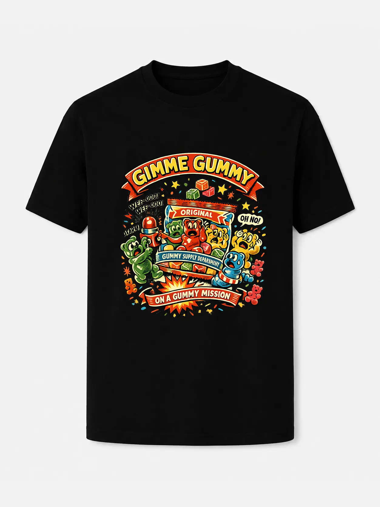 Gimme Gummy Graphic Tee, Funny Gummy Candy Lover T Shirt, Cute Cartoon Snack Characters Retro Graphic Print, Unisex Casual Short Sleeve Crew Neck Tee, Black or White