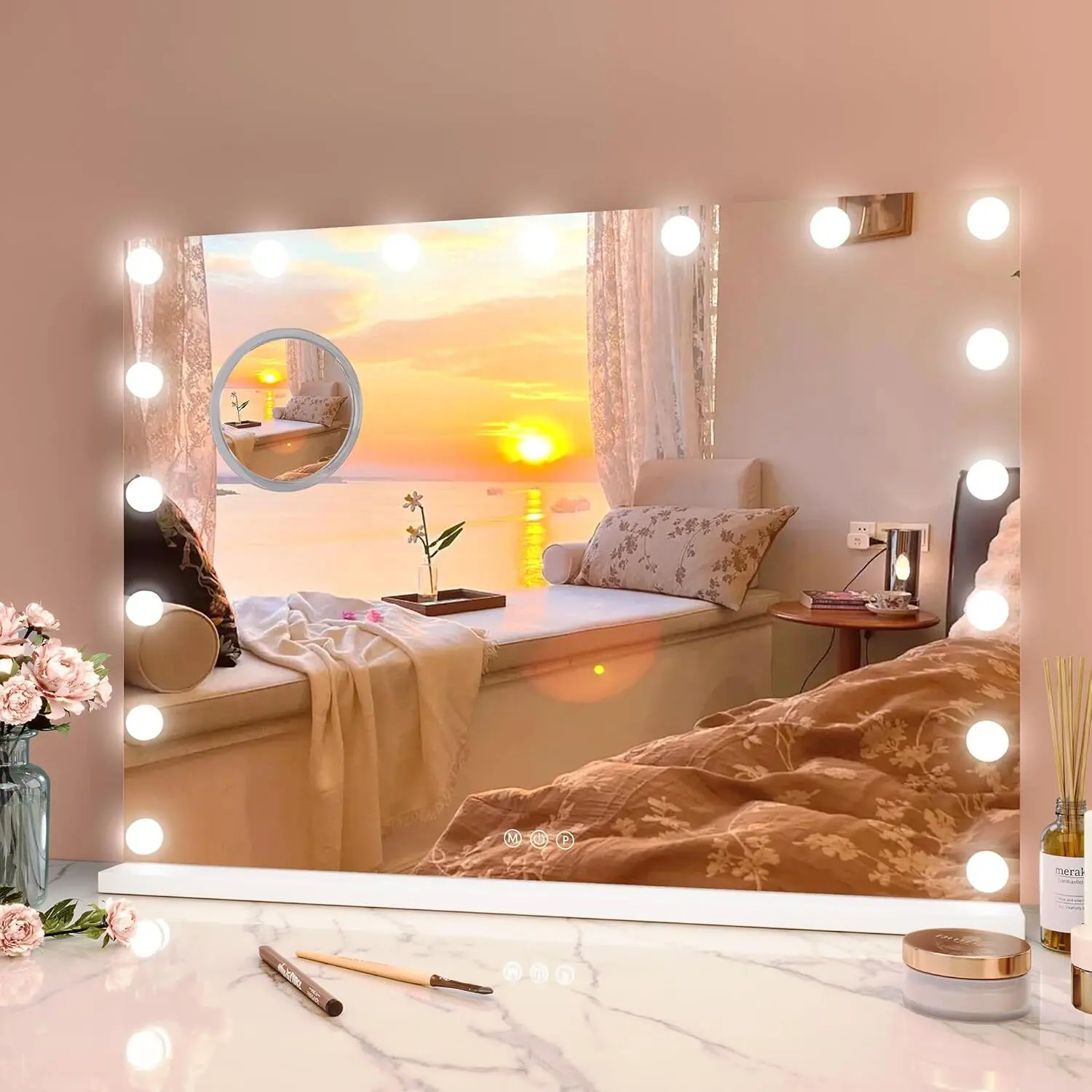 LED Lighted Makeup Vanity Mirror - Touch Switch Mirrors with Smart Touch, 17 Dimmable LED Lights, 3 Lighting Modes, 3X Magnification, Adjustable Tabletop/Wall Hanging Installation, Magnetic Safety Feature, Durable Bedroom Decor, Led Lighted Mirror, Glass