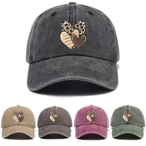 5Pcs Washed Vintage Heart Leopard Print Baseball Cap, American Soft Top Dad Hat Unisex Outdoor Versatile Casual Sun Hat