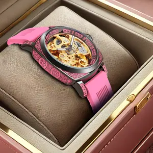 Pink High Quality Silicone Strap Mechanical Skeleton Men's Watch with Unique Design and Pink Band
