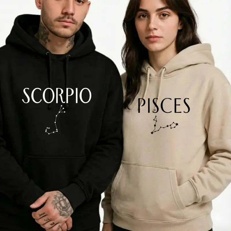 12 Zodiac Couple Hoodie Collection – Astrology Sign Crewneck for Men and Women, Cozy Horoscope Pullover with Bold College Letter Design, Perfect Gift for Zodiac Lovers 6O5