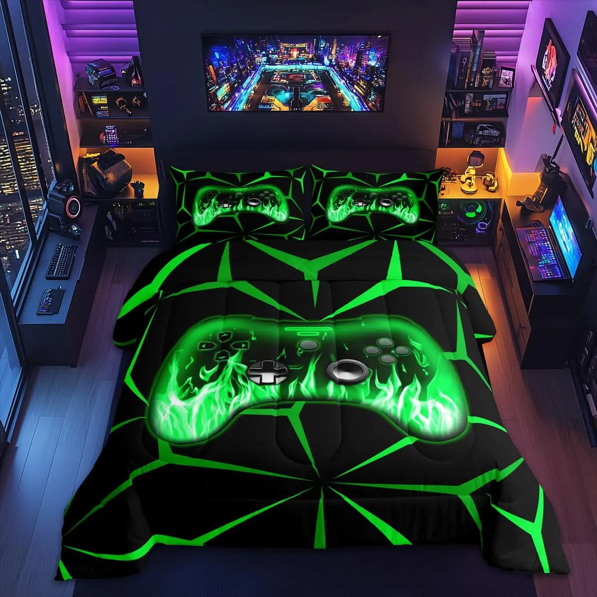 Kids Gamer Comforter Set,3D Video Gaming Bedding Set,Green and Black Game Console Comforter,Geometric Game Contoller Bed Set All Season for Game Lovers