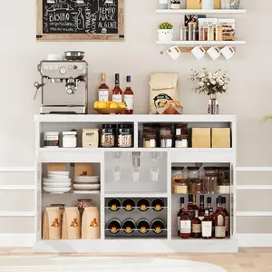 【Christmas Gift】White Modern Coffee Cabinet with Led Lights, White Bar Cabinet with 2 Glass Doors, Coffee Bar Cabinet with Adjustable Shelves, Wine Cabinet with Wine Racks for Kitchen, Dining Room, Living Room