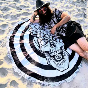 Trippy Goth Black & White Skull Graphic Oversized Round Beach Towel Picnic Blanket for Summerween Alt Metal Rock Halloween Fall Boo Basket
