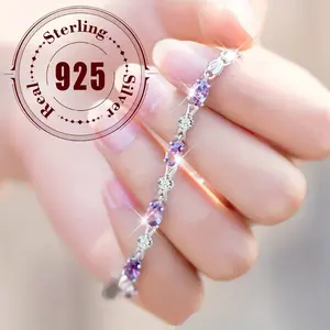 [Purple Zirconia, Sterling Silvery] Elegant 925 Sterling Silvery Purple Zirconia Bracelet - Jewelry Gift for Women