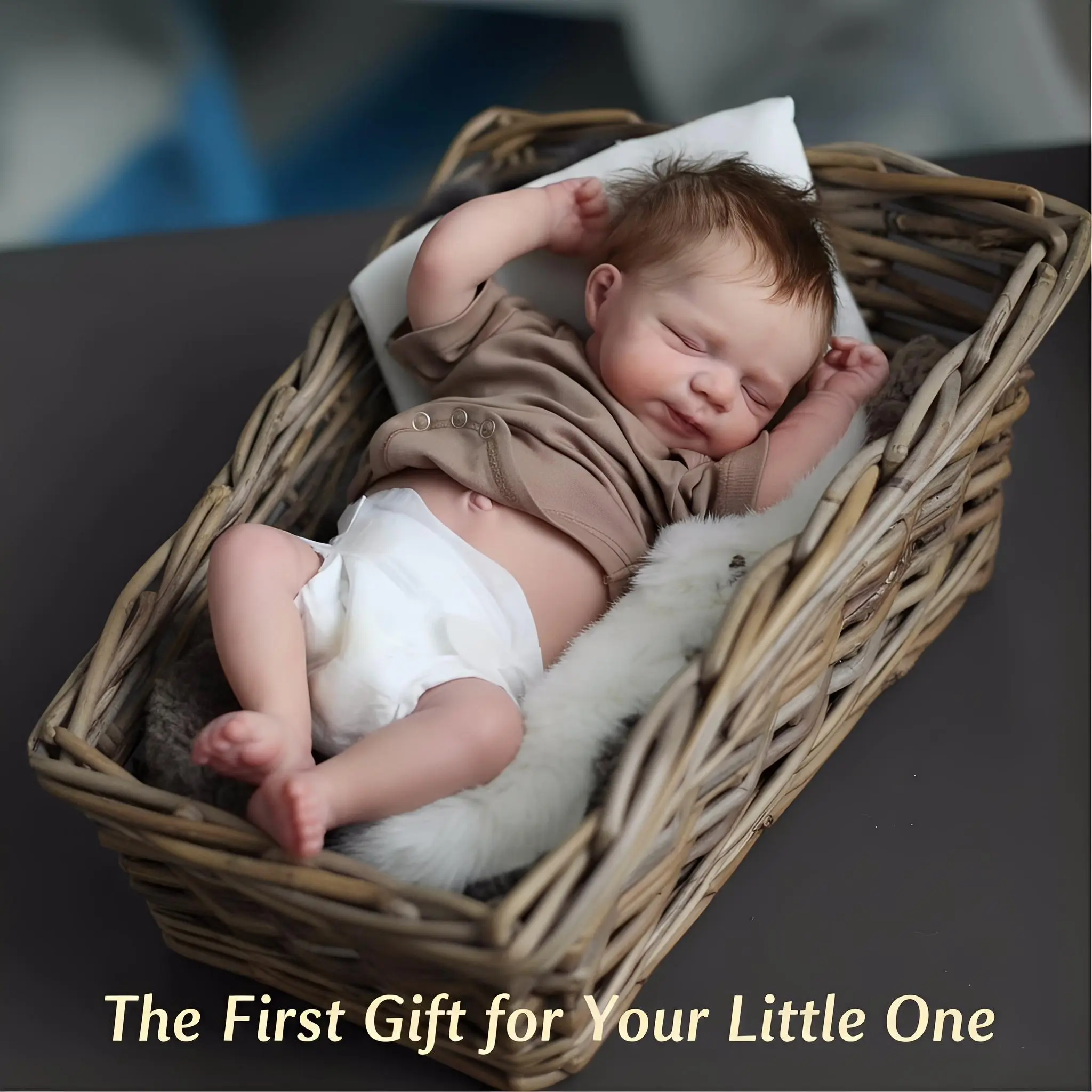 19-Inch Handcrafted Realistic Soft Vinyl Reborn Baby Doll - Weighted Newborn Toy with Brown Buttoned Top, Diaper, Cuddle Collectible Gift for Toddlers, Unisex Baby Shower Collectibles