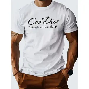 Men's Super Soft Cotton T-shirt-"Con Dios Todo Es Posible" Pattern, Casual Summer T-shirt, Black with White Characters, Short Sleeves, round Neck, High Quality Comfort, Suitable for Casual Wear, Summer Clothing |   Breathable Fabric