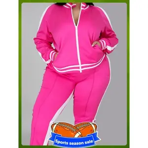 Plus Striped Print Pocket Zipper Jacket & Side Stripe Pants Set, Women's Sporty Casual Mock Neck Outerwear & Straight Leg Trousers, Women's Two-piece Outfits