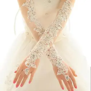 Off-White Car Bone Flower Long Sunscreen Wedding Dress Gloves for Bride - Exposed Fingers