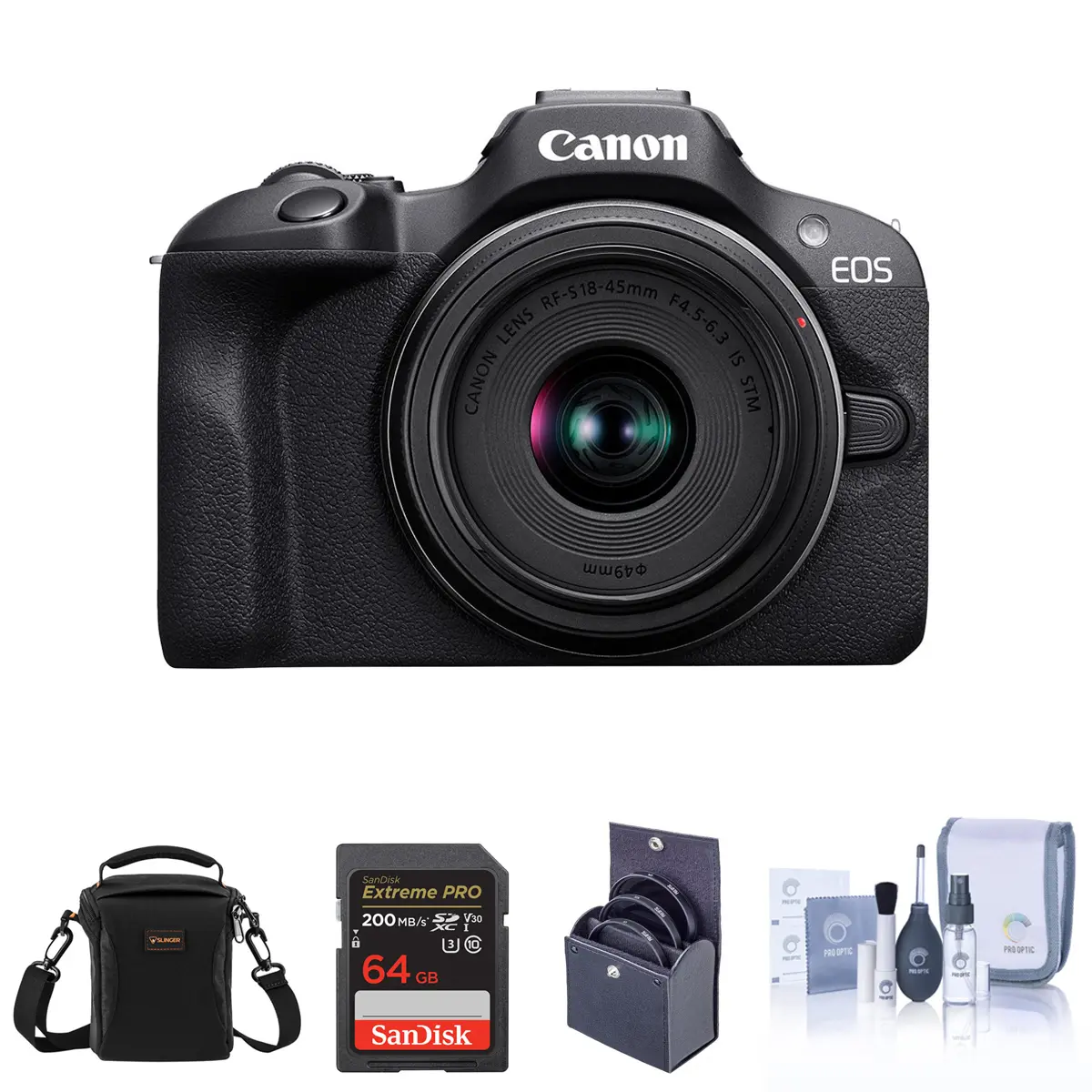 Canon EOS R100 CMOS Sensor Mirrorless Camera with RF-S 18-45mm f/4.5-6.3 IS STM Lens, Bundle with Memory Card, Shoulder Bag, Filter Kit, Electronic View & Wi-Fi Enabled Image Stabilizer