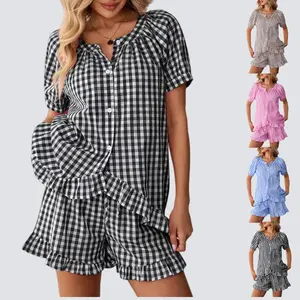 Womens Short Sleeve Gingham Pajama Set Plaid Cotton Cute Ruffle Pjs Set Maternity Bridal Plaid Pajamas