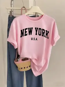 NEW YORK USA Retro Varsity Letter Print Womens Crew Neck Short Sleeve T Shirt Top Three Colors Available Campus Sporty Style Loose Fit Soft Breathable Casual Versatile For Daily Commute And Travel Womenswear