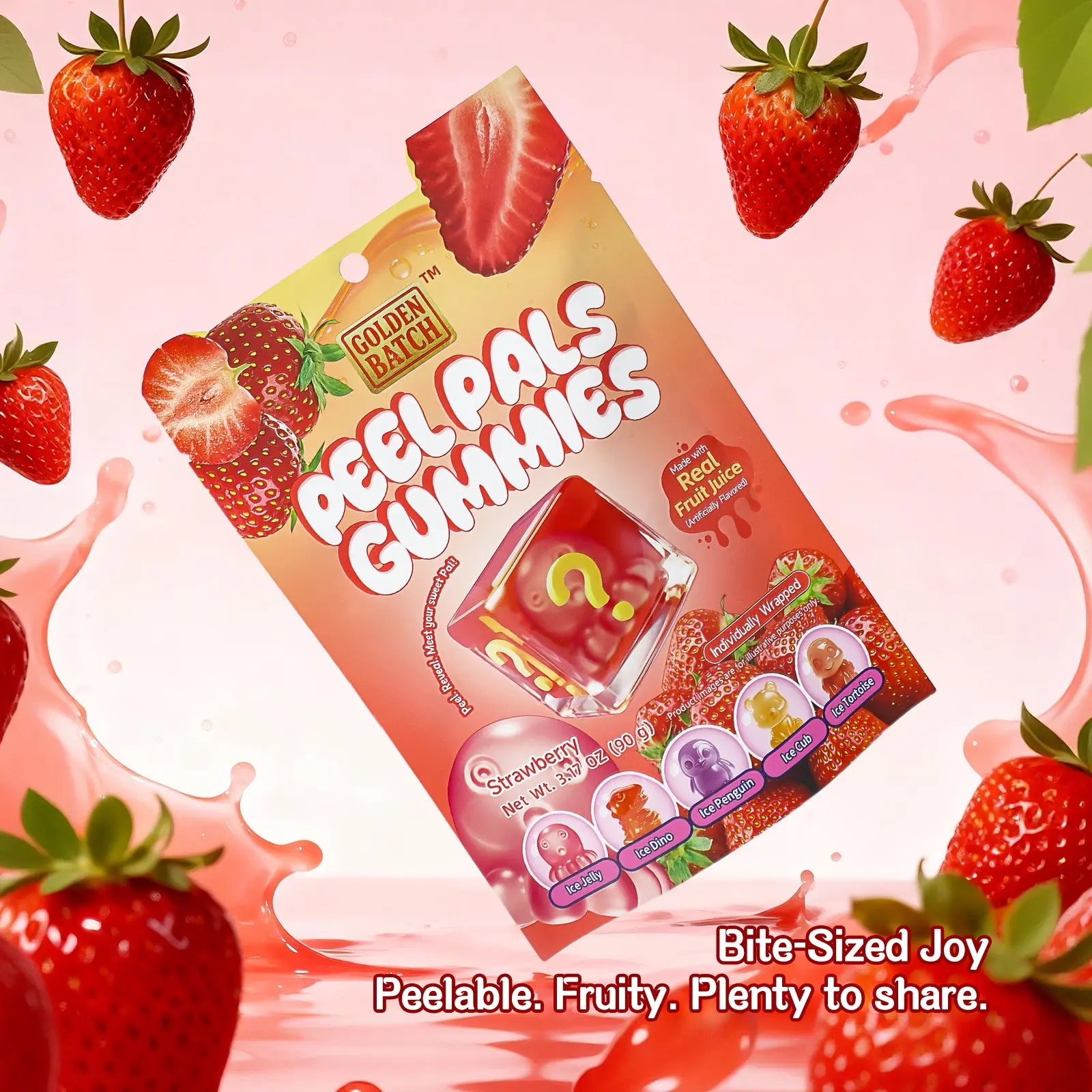 Peelable Strawberry Gummies Candy | Double Layer Real Fruit Juice Chewy Gummies | Halal High Vitamin C Fruit Snack