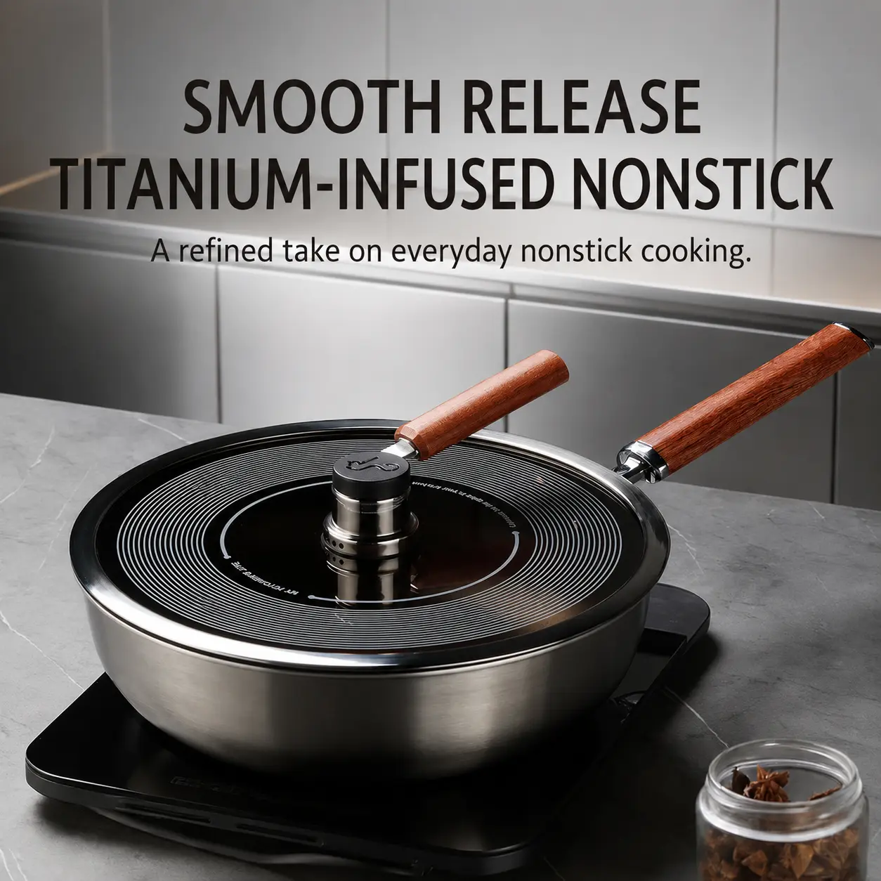 Cate Maker Mosen Record Series 12-Inch Titanium-Infused Nonstick Wok Pan with Lid