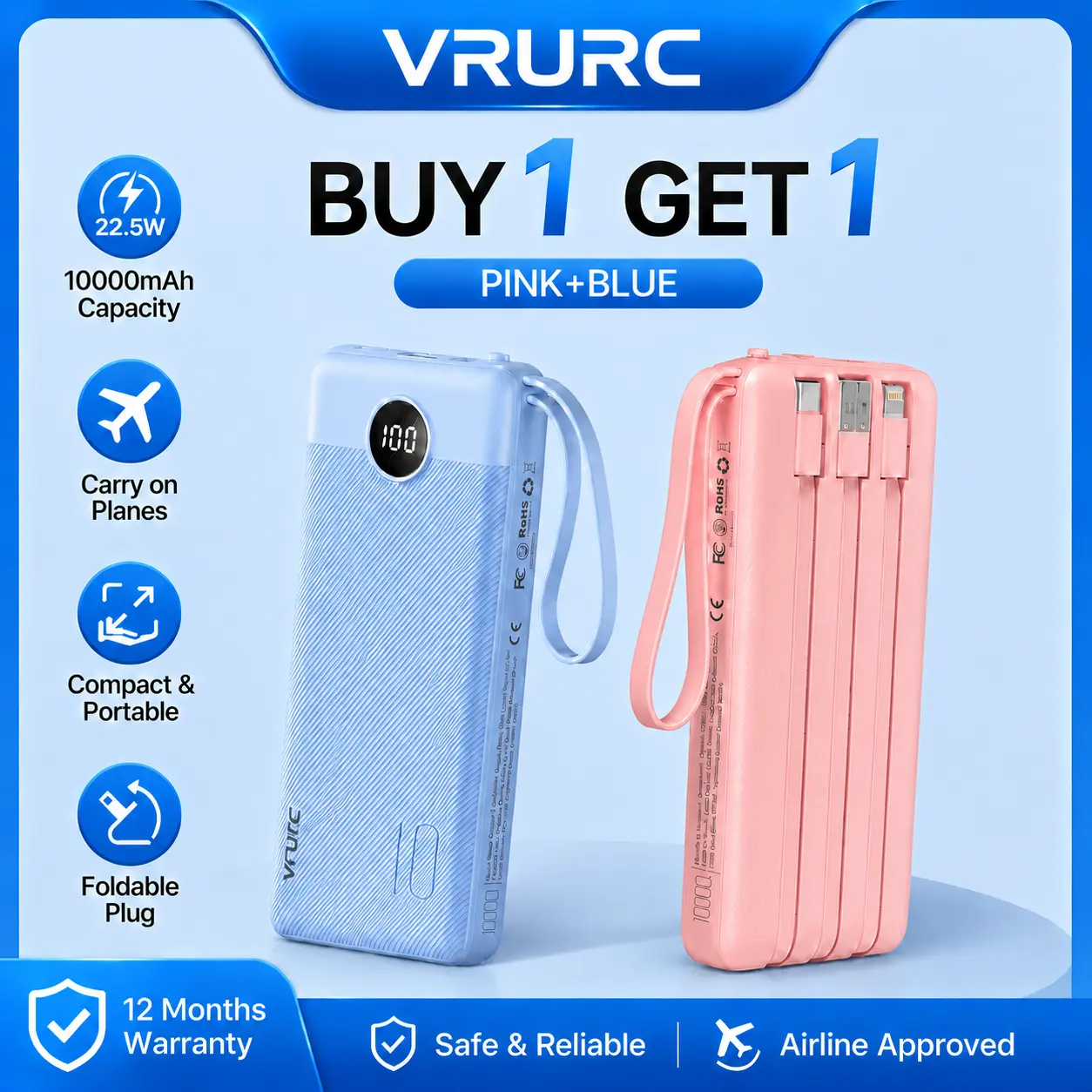 【BOGO】VRURC Portable Charger Power Bank, USB C Battery Pack 10000mAh, Flight-Safe Travel Essentials, 5 Outputs 2 Inputs Slim Phone Charging Bank Built-in Cables for Multi Devices-Blue & Pink