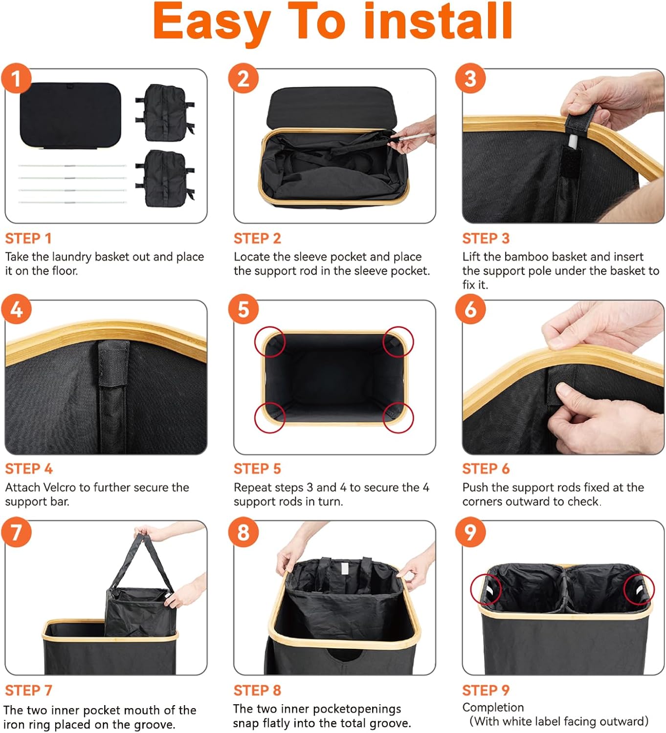 Garprovm Double Laundry Hamper with Lid 150L Large Laundry Basket with Bamboo Handles Foldable Clothes Hampers with 2 Removable Liner Bags for Laundry for Bedroom, Bathroom, Dorm, Laundry Room,Black